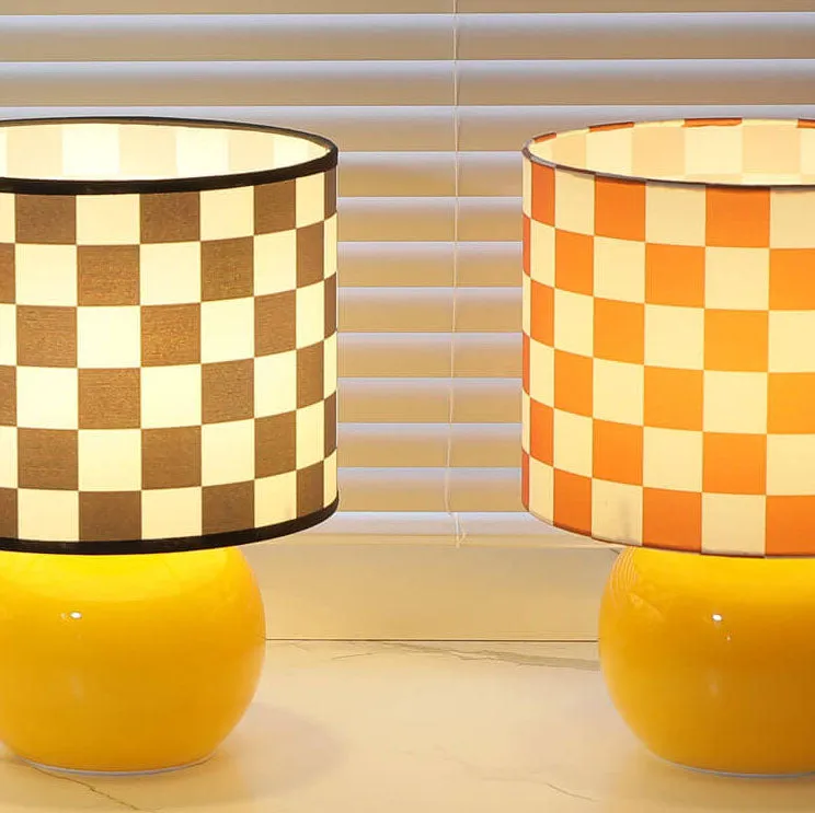 Contemporary Creative Round Lattice Glass Fabric LED Table Lamp For Bedroom