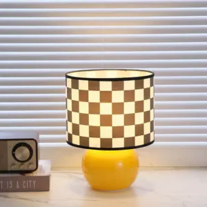 Contemporary Creative Round Lattice Glass Fabric LED Table Lamp For Bedroom