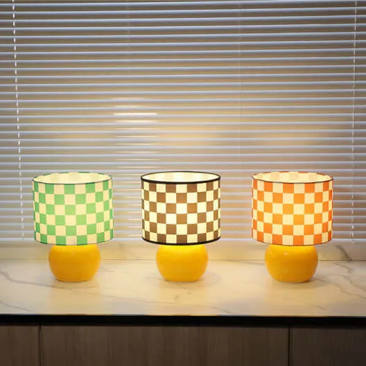 Contemporary Creative Round Lattice Glass Fabric LED Table Lamp For Bedroom