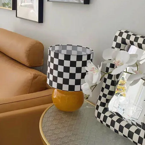 Contemporary Creative Round Lattice Glass Fabric LED Table Lamp For Bedroom