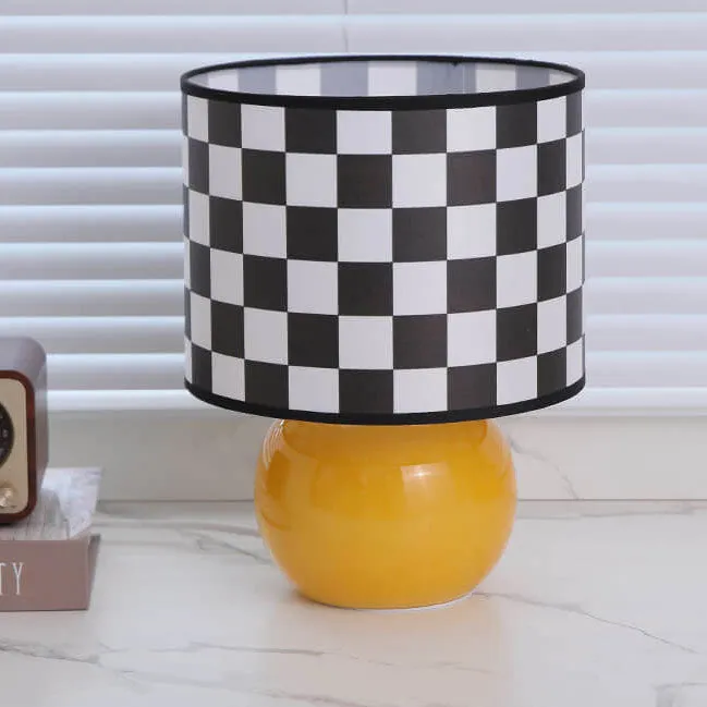 Contemporary Creative Round Lattice Glass Fabric LED Table Lamp For Bedroom