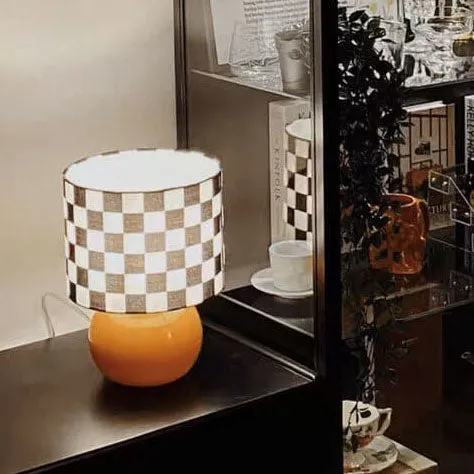 Contemporary Creative Round Lattice Glass Fabric LED Table Lamp For Bedroom