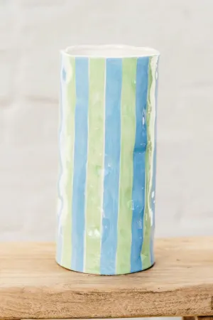 Cornflower Blue and Green Stripe - Large Vase