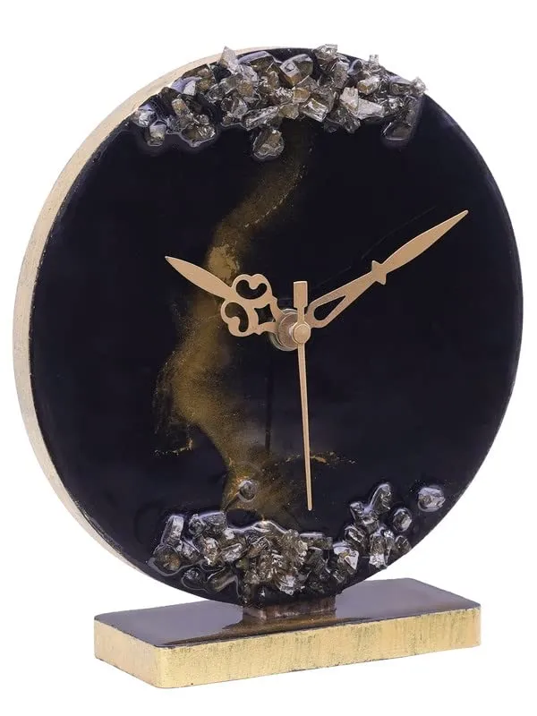 CRAFT SMITH Elegant Epoxy-Resin Round Handcrafted Golden Colour Shade & Stone Art Black Analog Table Clock for Office Desk Study Room Home Decoration Gifts (Size: 15 x 4.5 x 17 CM | Wt: 225 gram)