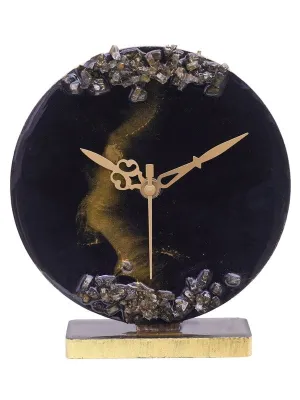 CRAFT SMITH Elegant Epoxy-Resin Round Handcrafted Golden Colour Shade & Stone Art Black Analog Table Clock for Office Desk Study Room Home Decoration Gifts (Size: 15 x 4.5 x 17 CM | Wt: 225 gram)