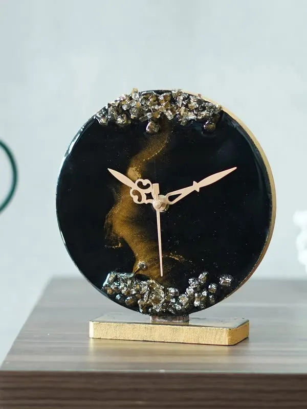 CRAFT SMITH Elegant Epoxy-Resin Round Handcrafted Golden Colour Shade & Stone Art Black Analog Table Clock for Office Desk Study Room Home Decoration Gifts (Size: 15 x 4.5 x 17 CM | Wt: 225 gram)
