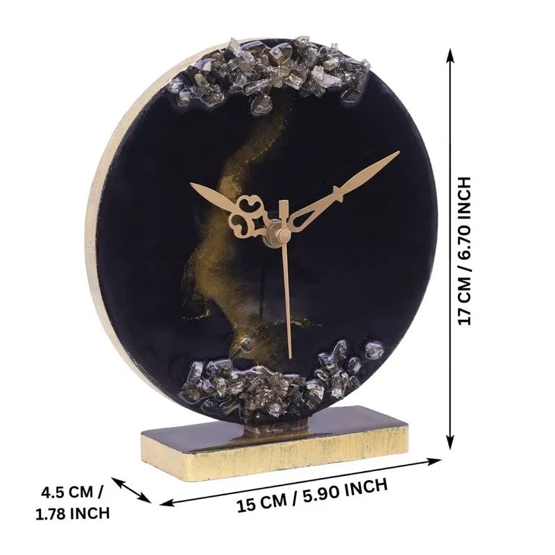 CRAFT SMITH Elegant Epoxy-Resin Round Handcrafted Golden Colour Shade & Stone Art Black Analog Table Clock for Office Desk Study Room Home Decoration Gifts (Size: 15 x 4.5 x 17 CM | Wt: 225 gram)