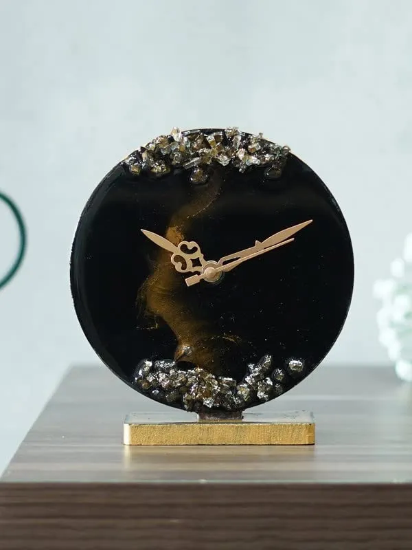 CRAFT SMITH Elegant Epoxy-Resin Round Handcrafted Golden Colour Shade & Stone Art Black Analog Table Clock for Office Desk Study Room Home Decoration Gifts (Size: 15 x 4.5 x 17 CM | Wt: 225 gram)