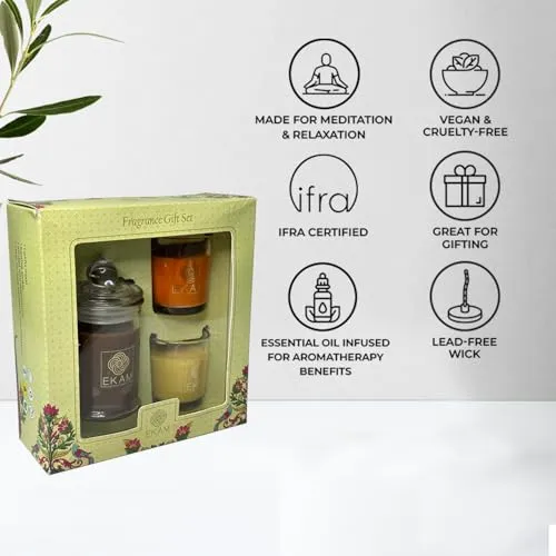 EKAM Gift Set of 3 Scented Candles| Long Lasting| Ideal for Home Décor, Aromatherapy & Gifting| Lead-Free Wick| Mahogany Apothecary Candle| Grapefruit & Mandarin and Honey & Lemon Shot Glass