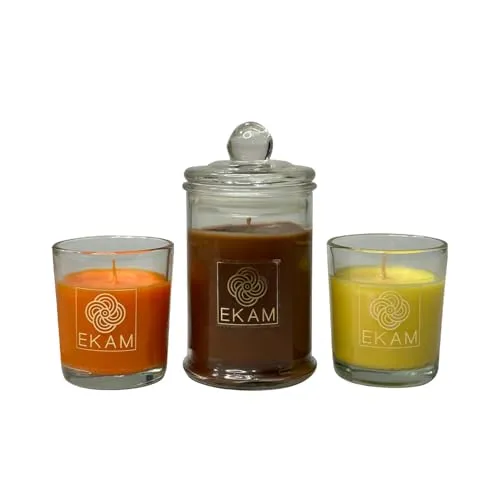 EKAM Gift Set of 3 Scented Candles| Long Lasting| Ideal for Home Décor, Aromatherapy & Gifting| Lead-Free Wick| Mahogany Apothecary Candle| Grapefruit & Mandarin and Honey & Lemon Shot Glass