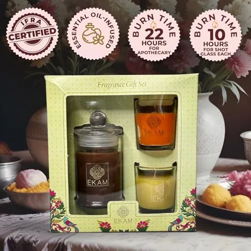 EKAM Gift Set of 3 Scented Candles| Long Lasting| Ideal for Home Décor, Aromatherapy & Gifting| Lead-Free Wick| Mahogany Apothecary Candle| Grapefruit & Mandarin and Honey & Lemon Shot Glass