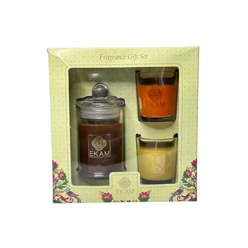 EKAM Gift Set of 3 Scented Candles| Long Lasting| Ideal for Home Décor, Aromatherapy & Gifting| Lead-Free Wick| Mahogany Apothecary Candle| Grapefruit & Mandarin and Honey & Lemon Shot Glass