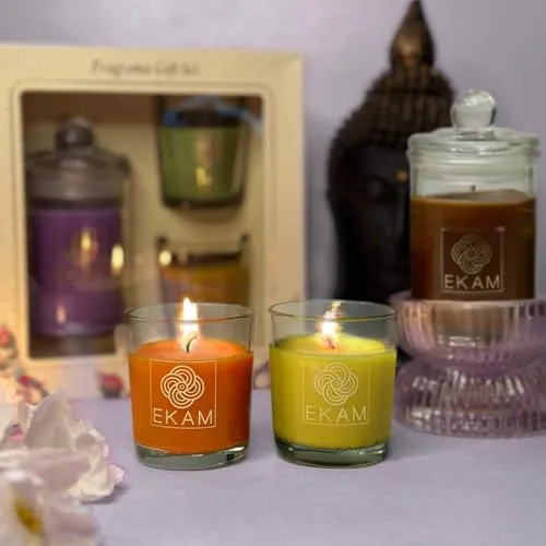 EKAM Gift Set of 3 Scented Candles| Long Lasting| Ideal for Home Décor, Aromatherapy & Gifting| Lead-Free Wick| Mahogany Apothecary Candle| Grapefruit & Mandarin and Honey & Lemon Shot Glass