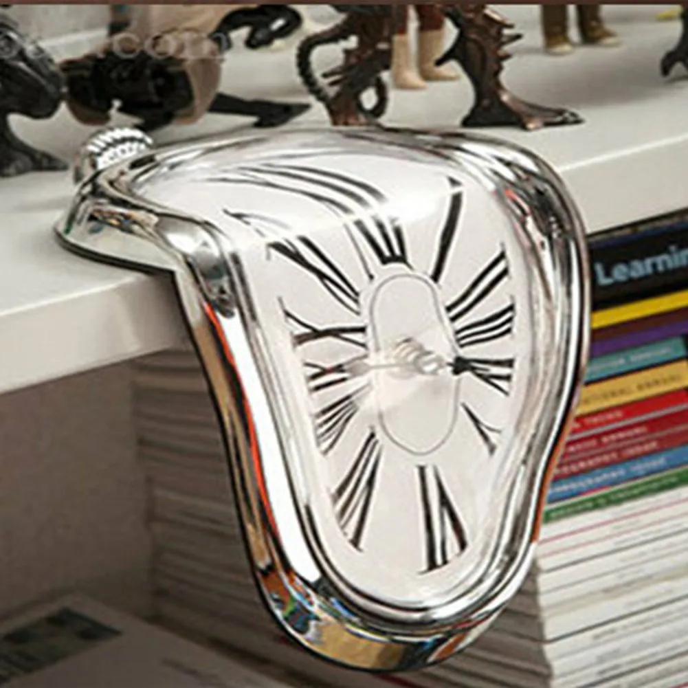 EKDJKK Melting Clock, Decorative Dali Watch Melting Clock, Fashion Surrealistic Table Shelf Desk Clock Salvador Dali Inspired Funny Home Office Desks Watch (Silver)