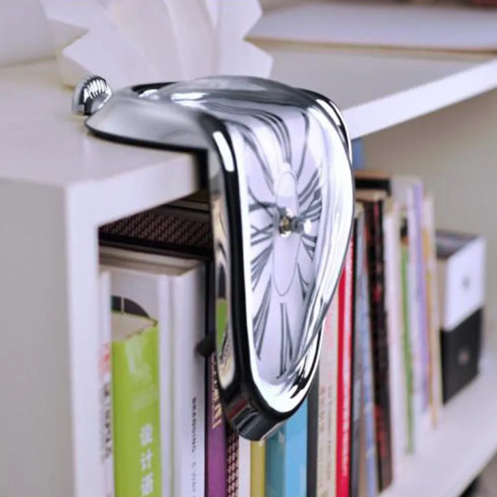 EKDJKK Melting Clock, Decorative Dali Watch Melting Clock, Fashion Surrealistic Table Shelf Desk Clock Salvador Dali Inspired Funny Home Office Desks Watch (Silver)