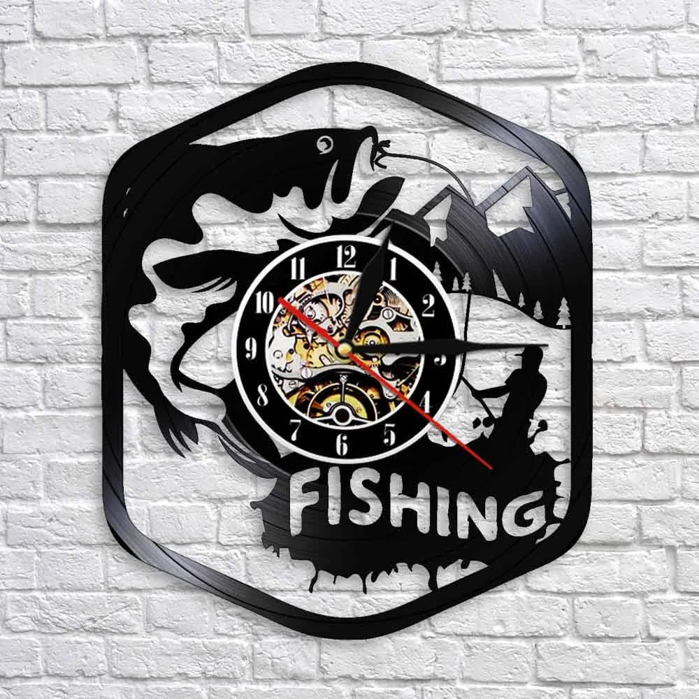 Fisherman Home Decor Silent Quartz Wall Time Clock Fishing Vinyl Record Watch