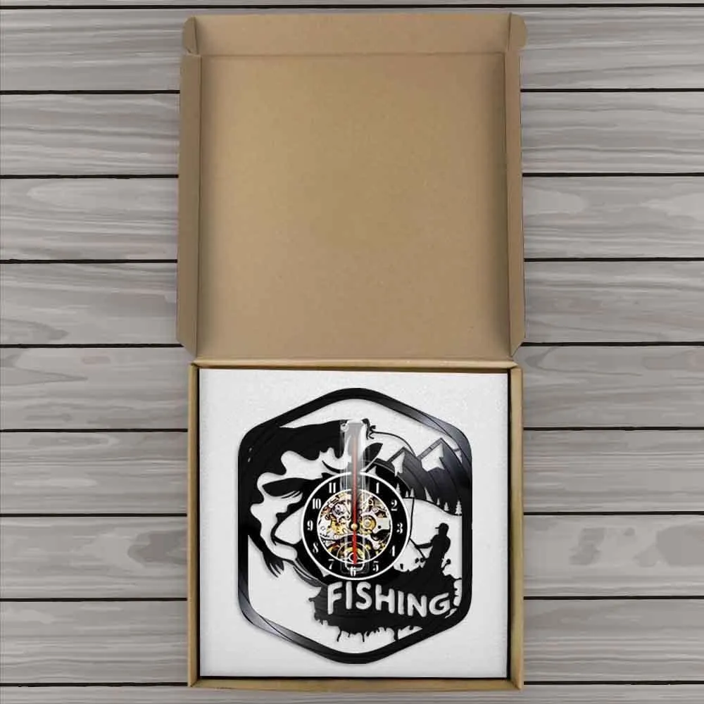Fisherman Home Decor Silent Quartz Wall Time Clock Fishing Vinyl Record Watch