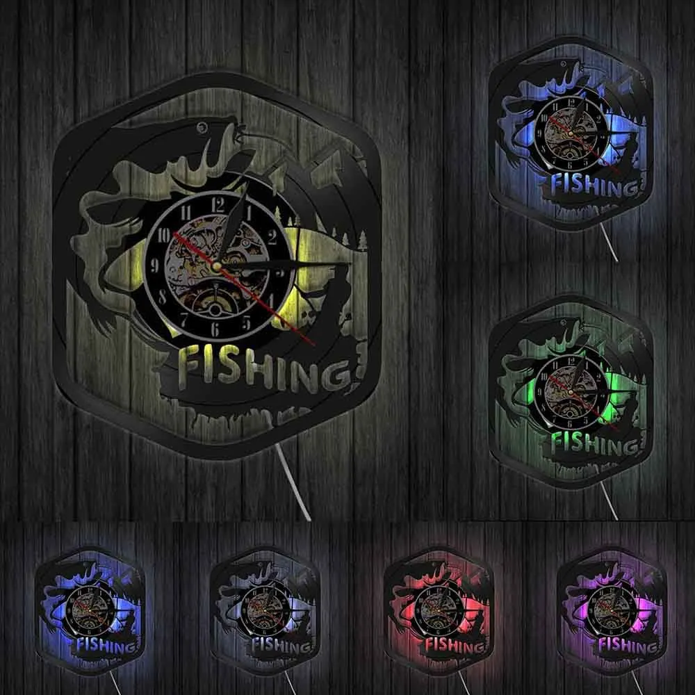 Fisherman Home Decor Silent Quartz Wall Time Clock Fishing Vinyl Record Watch