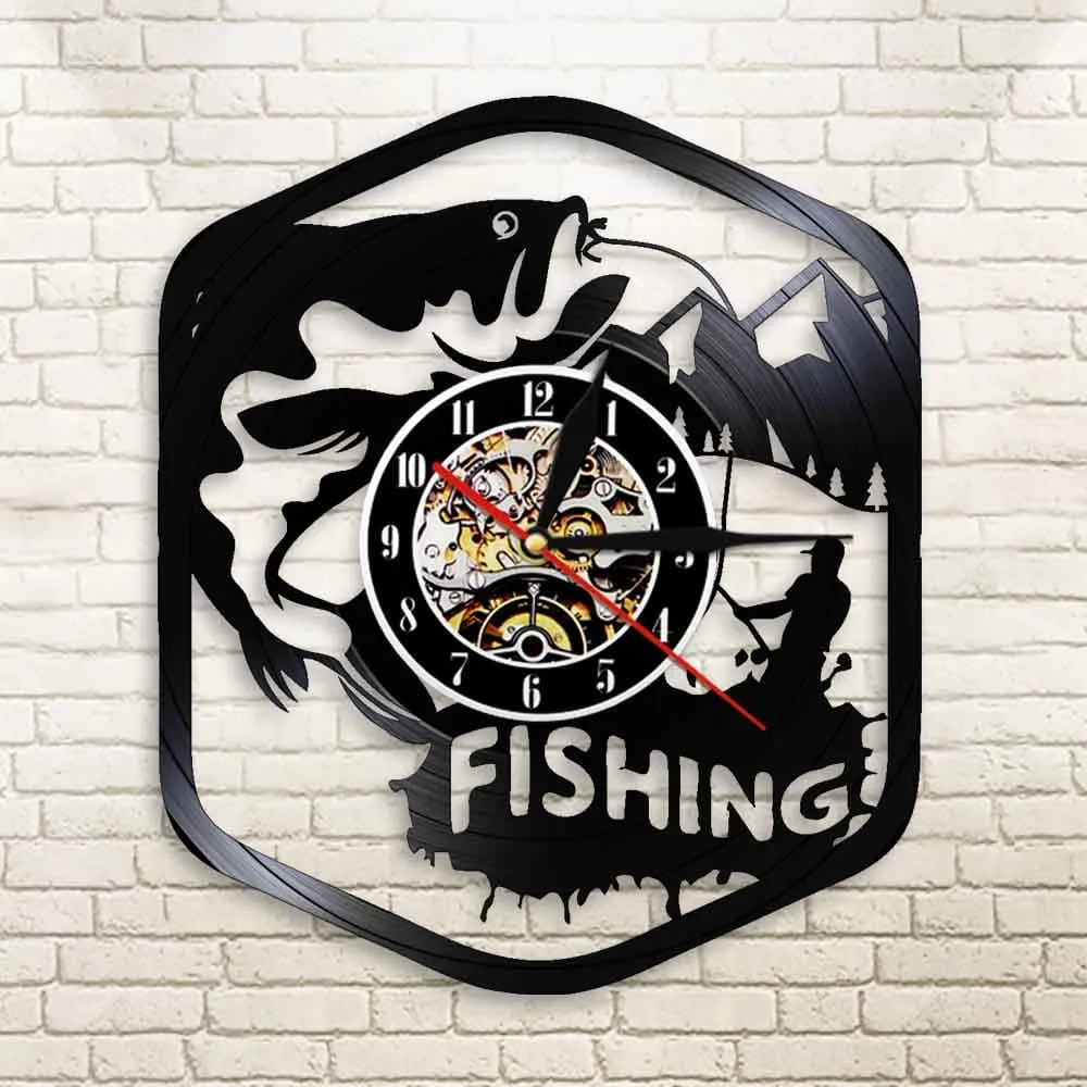 Fisherman Home Decor Silent Quartz Wall Time Clock Fishing Vinyl Record Watch