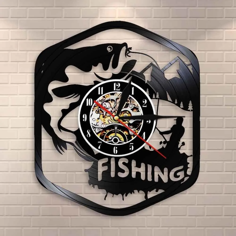 Fisherman Home Decor Silent Quartz Wall Time Clock Fishing Vinyl Record Watch