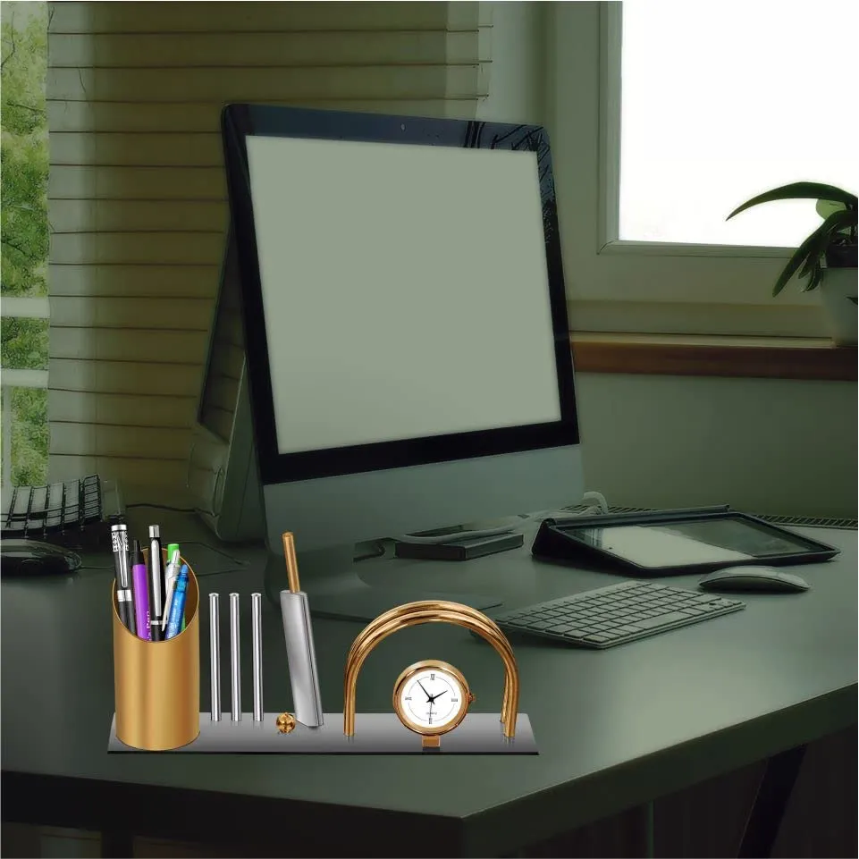 GABA Time Brass and Stainless Steel Cricket Pen Stand Analog Table Clock for Home and Office Decor