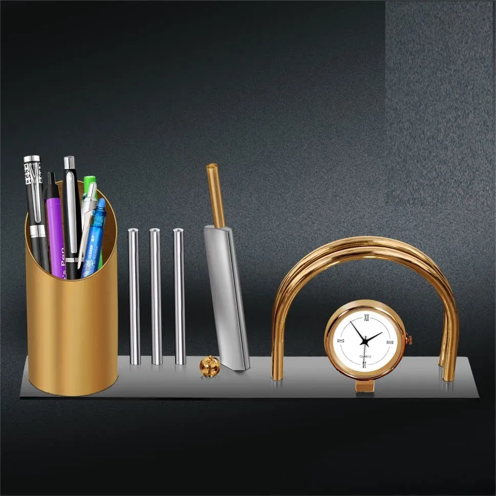 GABA Time Brass and Stainless Steel Cricket Pen Stand Analog Table Clock for Home and Office Decor