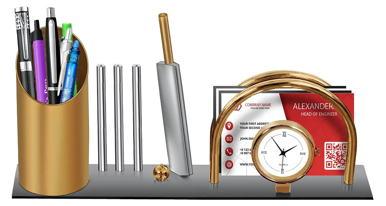 GABA Time Brass and Stainless Steel Cricket Pen Stand Analog Table Clock for Home and Office Decor