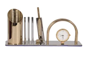 GABA Time Brass and Stainless Steel Cricket Pen Stand Analog Table Clock for Home and Office Decor