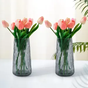 Gleevers Glass Vase for Home Decor (2Pcs- 24cm) |Center Table Decorative Items| Flower Vases for Home Decor| Dining Table Decorative Items| Transparent Flower Vase for Living Room, Bookshelf- Grey