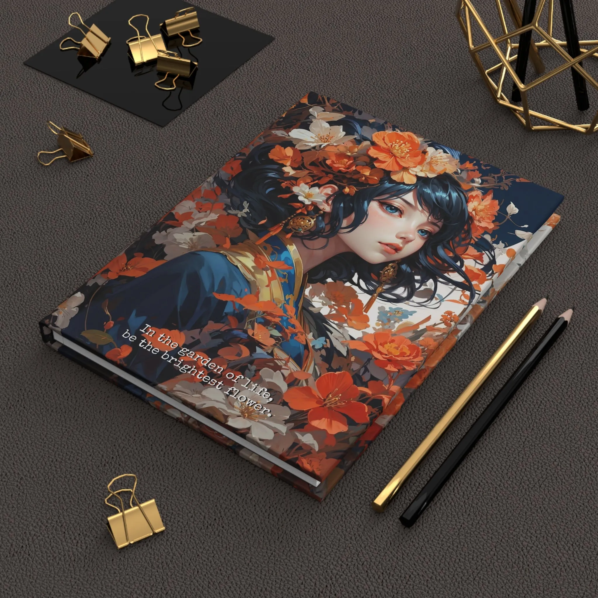 Hardcover Journal Matte - Japanese Girl in Kimono Floral Art Notebook, A5