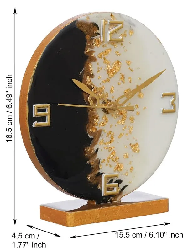 Indiana Craft Beautiful Epoxy Resin Round Handmade White and Black with Golden Shade Analog Table Top Office Desk Clock For Study Room Home Decoration Gifts (Size: 15 x 4.5 x 17 CM | Weight: 227 gram)