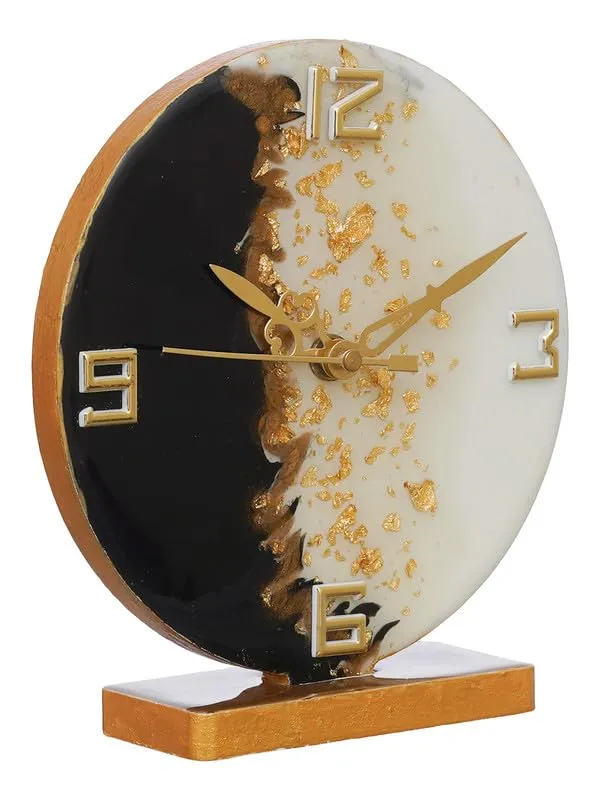 Indiana Craft Beautiful Epoxy Resin Round Handmade White and Black with Golden Shade Analog Table Top Office Desk Clock For Study Room Home Decoration Gifts (Size: 15 x 4.5 x 17 CM | Weight: 227 gram)