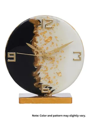 Indiana Craft Beautiful Epoxy Resin Round Handmade White and Black with Golden Shade Analog Table Top Office Desk Clock For Study Room Home Decoration Gifts (Size: 15 x 4.5 x 17 CM | Weight: 227 gram)