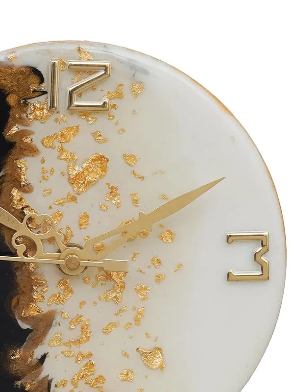 Indiana Craft Beautiful Epoxy Resin Round Handmade White and Black with Golden Shade Analog Table Top Office Desk Clock For Study Room Home Decoration Gifts (Size: 15 x 4.5 x 17 CM | Weight: 227 gram)