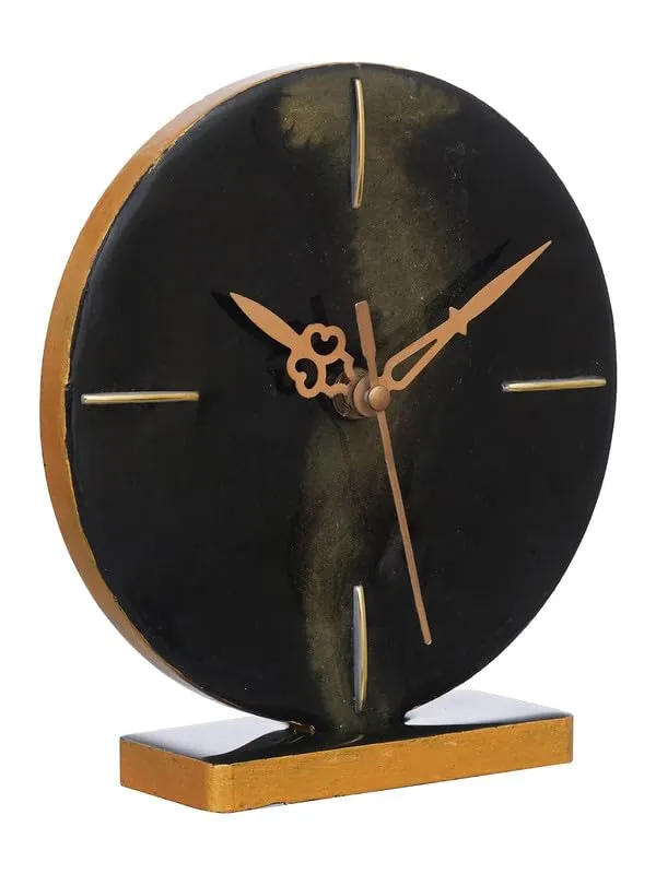 INDIANA CRAFT Elegant Epoxy-Resin Round Handmade Golden Colour Shade Black Analog Table Top Clock for Office Desk Study Room Home Decoration Gifts (Size: 15 x 4.5 x 17 CM | Weight: 196 gram)