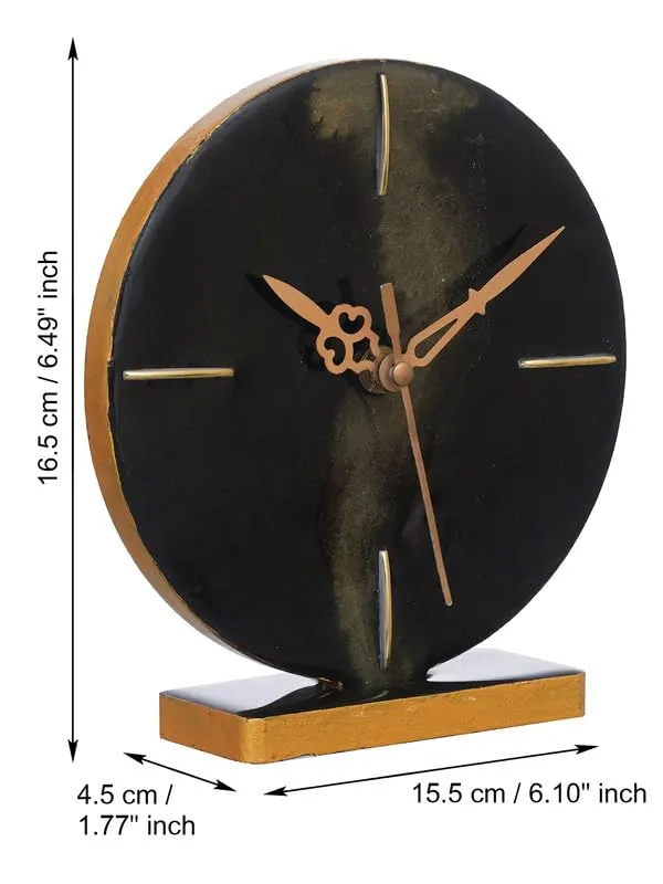 INDIANA CRAFT Elegant Epoxy-Resin Round Handmade Golden Colour Shade Black Analog Table Top Clock for Office Desk Study Room Home Decoration Gifts (Size: 15 x 4.5 x 17 CM | Weight: 196 gram)