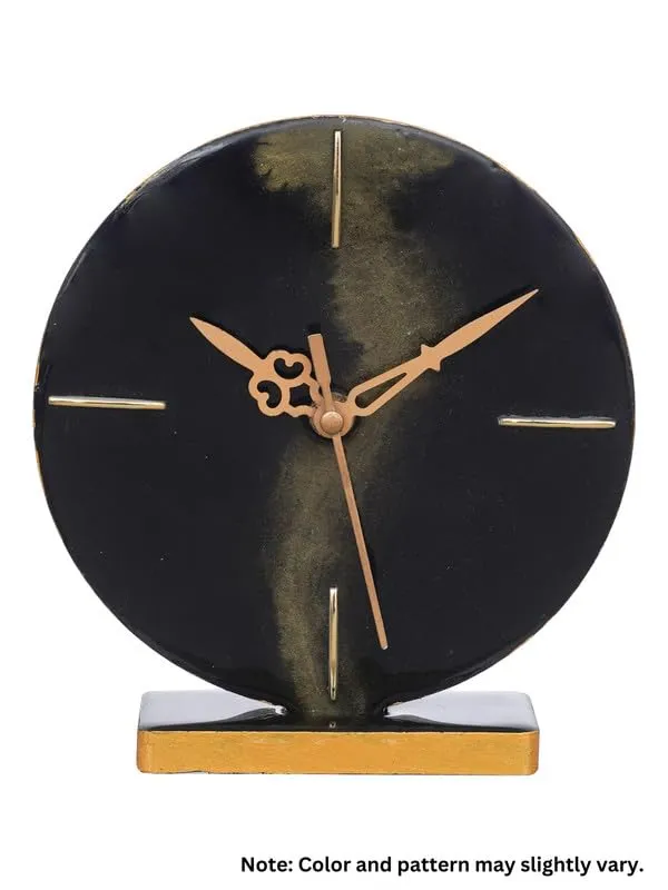 INDIANA CRAFT Elegant Epoxy-Resin Round Handmade Golden Colour Shade Black Analog Table Top Clock for Office Desk Study Room Home Decoration Gifts (Size: 15 x 4.5 x 17 CM | Weight: 196 gram)