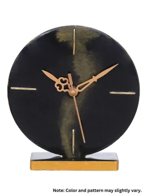 INDIANA CRAFT Elegant Epoxy-Resin Round Handmade Golden Colour Shade Black Analog Table Top Clock for Office Desk Study Room Home Decoration Gifts (Size: 15 x 4.5 x 17 CM | Weight: 196 gram)