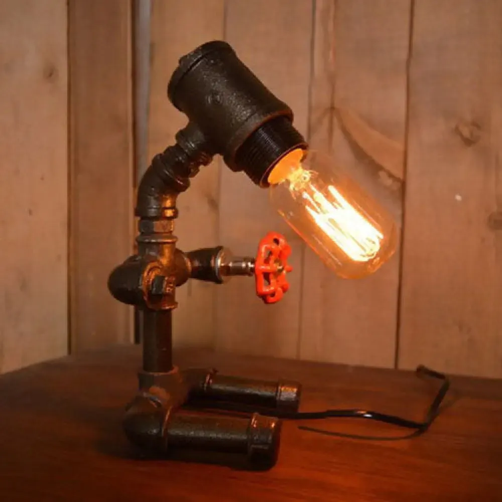 Industrial Style Black Pipe Man Table Lamp - Wrought Iron 1-Light Restaurant Standing Lamp