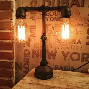 Industrial Water Pipe Table Lamp - 2 Lights, Stylish Black Metal Fixture for Restaurant Lighting