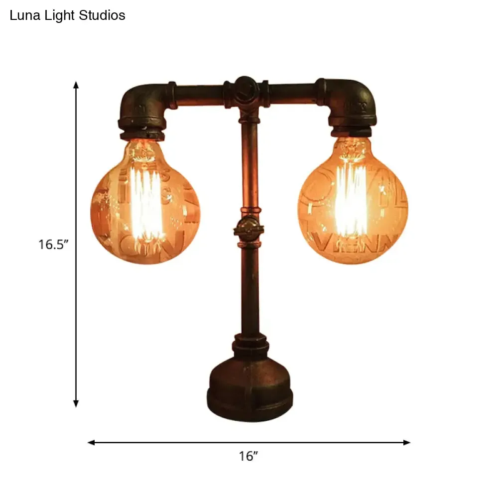 Industrial Water Pipe Table Lamp - 2 Lights, Stylish Black Metal Fixture for Restaurant Lighting