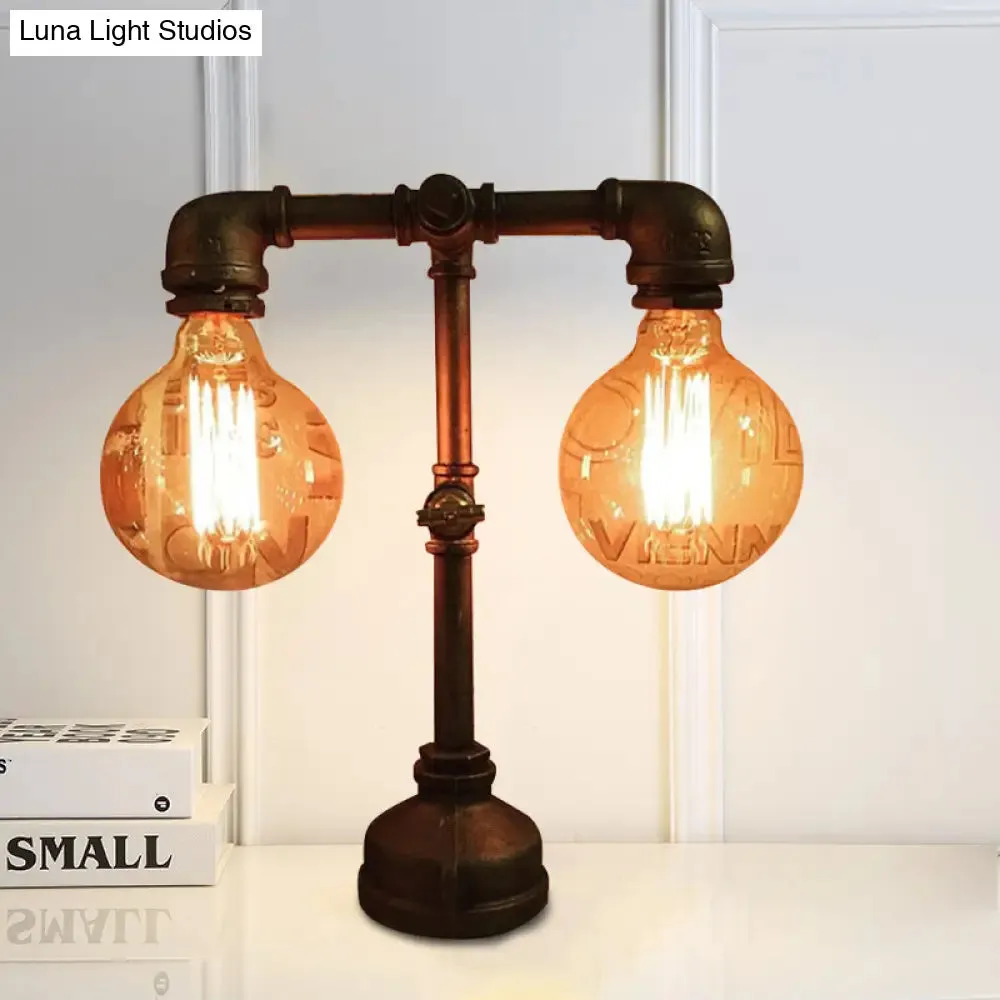 Industrial Water Pipe Table Lamp - 2 Lights, Stylish Black Metal Fixture for Restaurant Lighting
