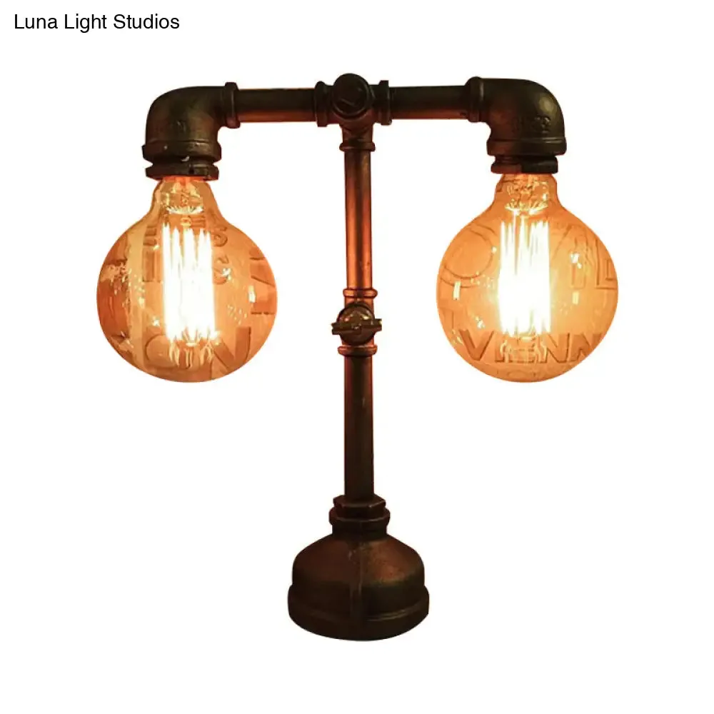 Industrial Water Pipe Table Lamp - 2 Lights, Stylish Black Metal Fixture for Restaurant Lighting