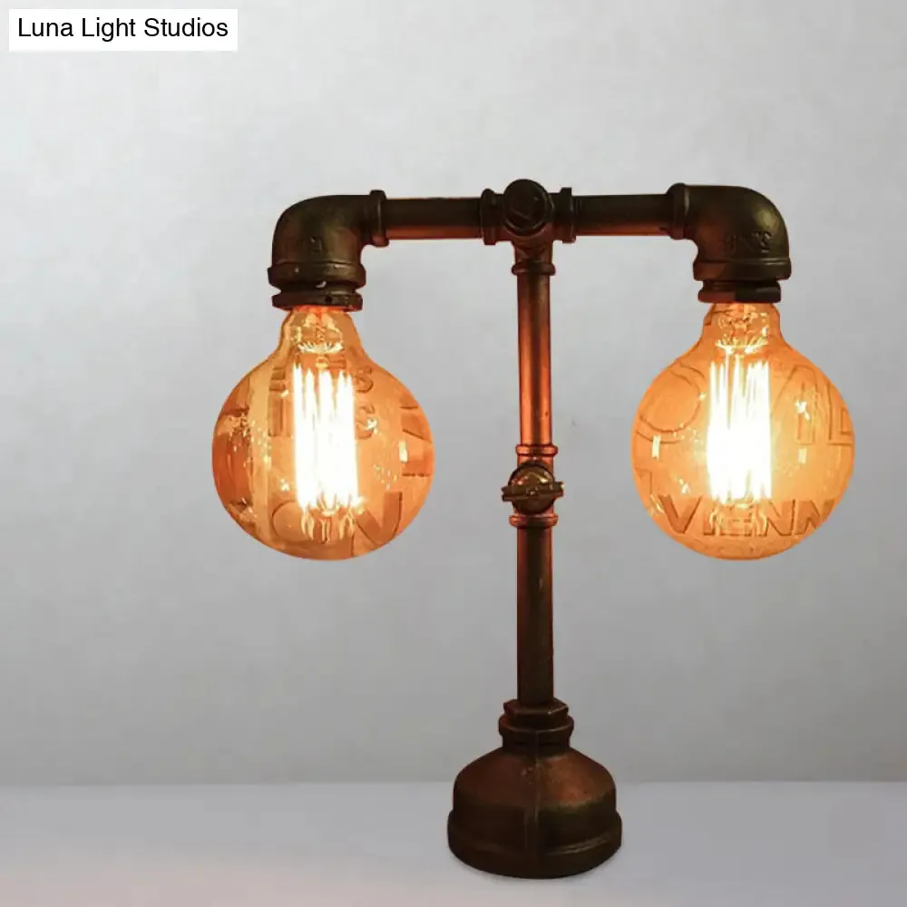 Industrial Water Pipe Table Lamp - 2 Lights, Stylish Black Metal Fixture for Restaurant Lighting