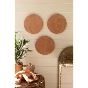 Kalalou - SET OF 3 CLAY WALL HANGING PLATES WITH ETCHED FACE DETAIL - H4262