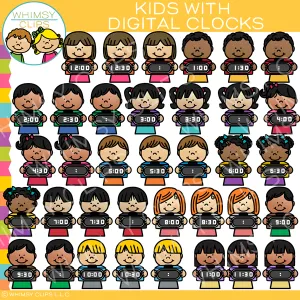 Kids with Digital Clocks Clip Art