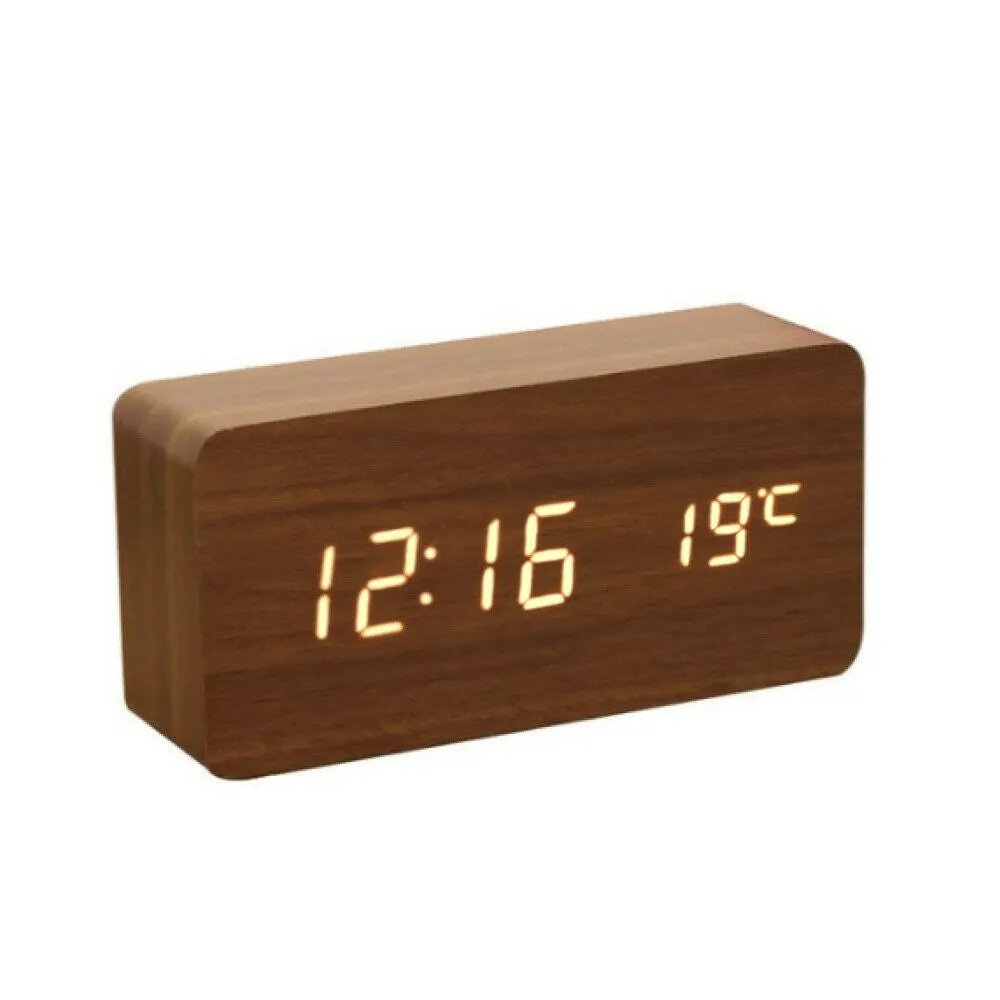 LED Digital Wooden Alarm Clock with Temperature Display