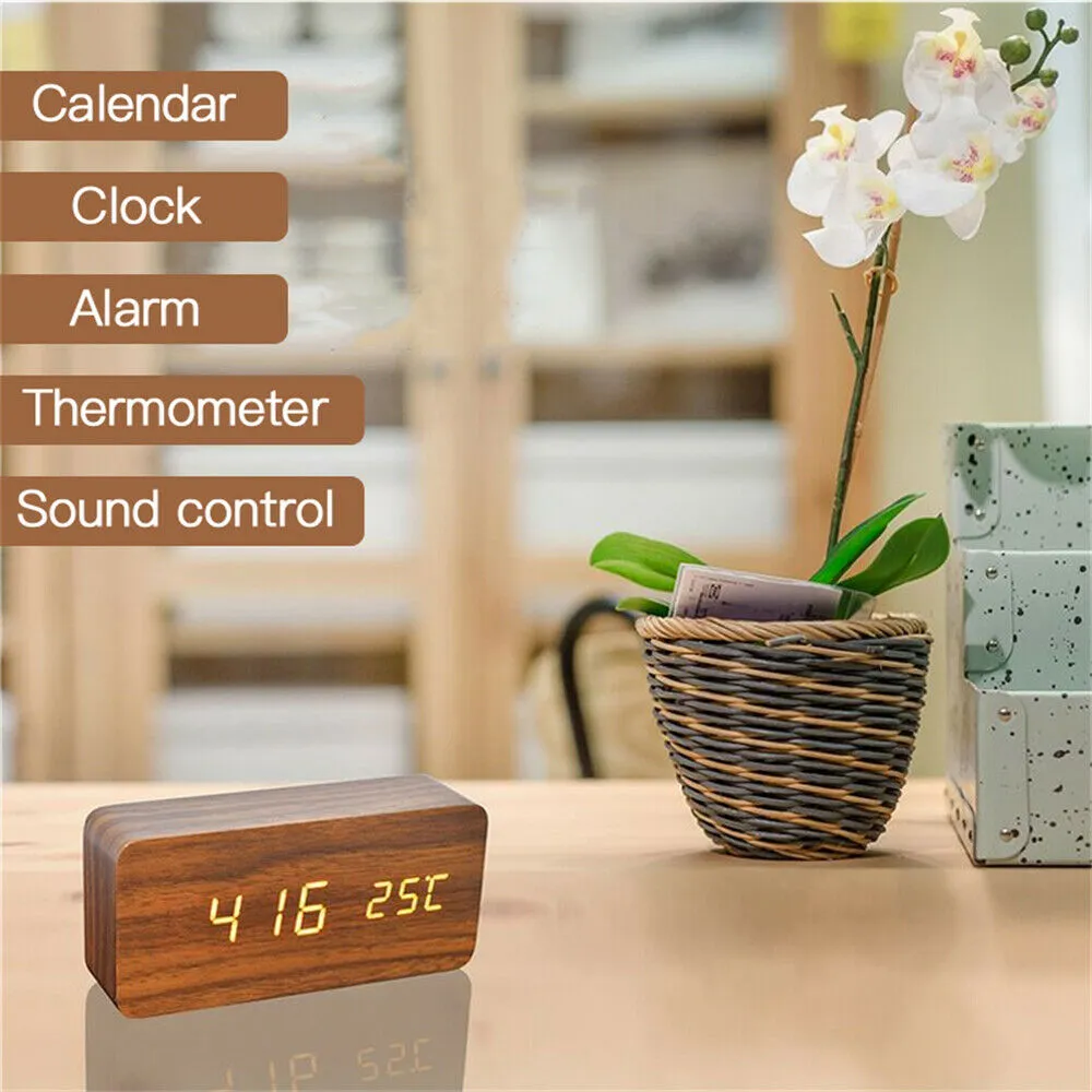 LED Digital Wooden Alarm Clock with Temperature Display