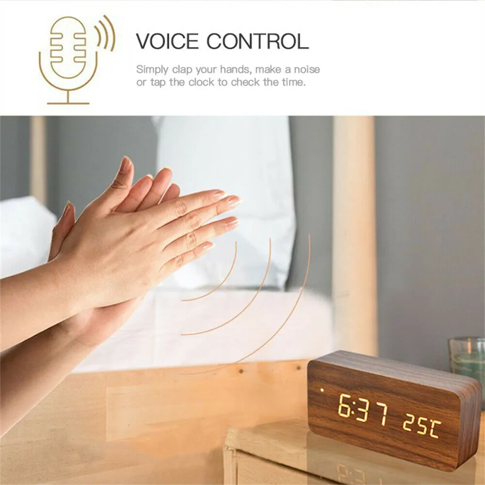 LED Digital Wooden Alarm Clock with Temperature Display