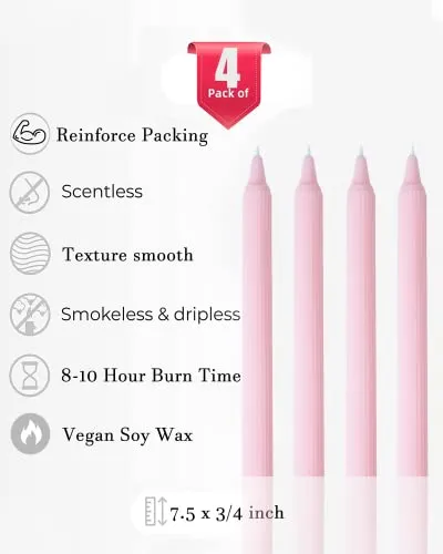 LPUSA 7.5inch Ribbed Taper Candles,Handmade from Vegan Soy Wax for Holiday Wedding Party Home Dinner Decoration Party and Any Occasion(4pcs,babypink)